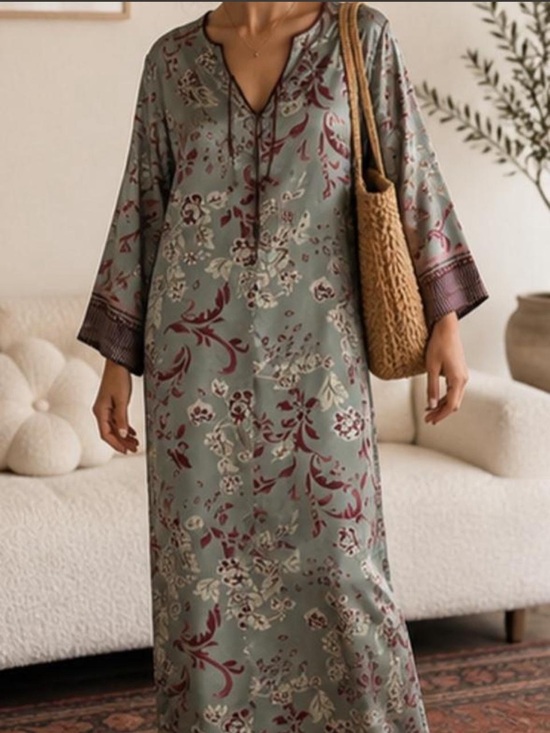 Halston Heritage Dresses & Skirts - VTG Halston Satin Floral Caftan Maxi Dress | Sage Burgundy Y2K Boho Luxe sz M
